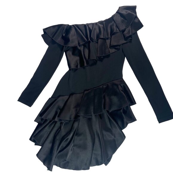 NWT Alice + Olivia Izzy One-Shoulder Black Asymmetrical Ruffle Dress Size 2 - Picture 7 of 12